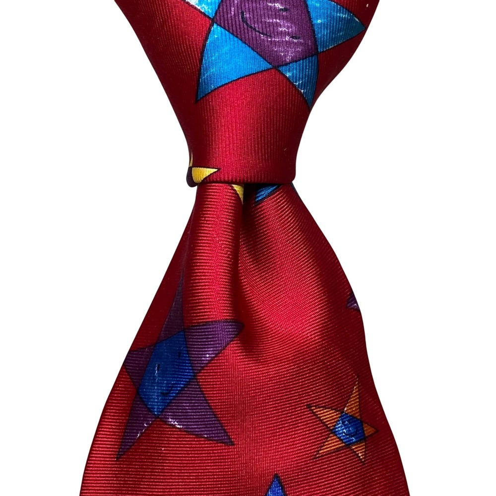 Save the Children Necktie Happy Stars Mens OS Red‎ Silk USA Vintage Art Novelty